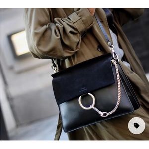 Chloe Faye large shoulder bag/ black suede/leather/ gold hardware